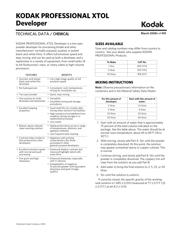 Kodak PROFESSIONAL XTOL Developer Manual - Page 1