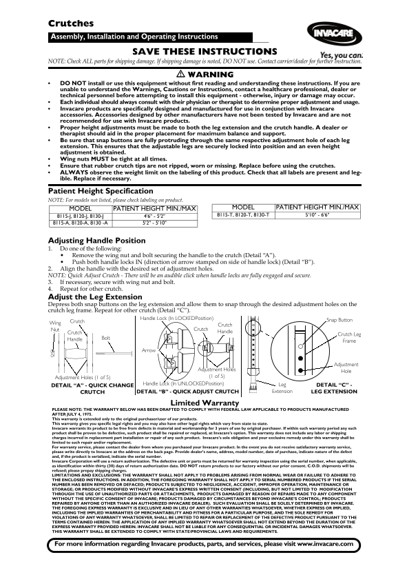 INVACARE Crutches User Manual and Installation Instructions - Page 1