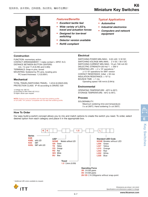 ITT K6 Miniature Key Switches Specifications User Guide - Page 1