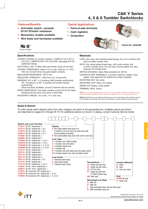 ITT C K Y Series 4 5 6 Tumbler Switchlocks DATA SHEET - Page 1