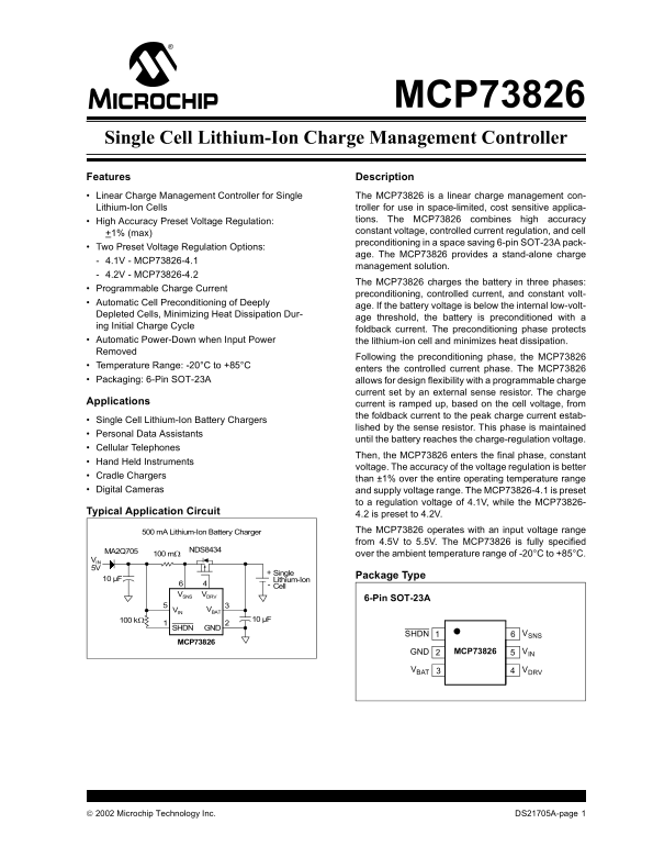 Microchip MCP73826 Single Cell Lithium-Ion Charge Management Controller Data Sheet - Page 1