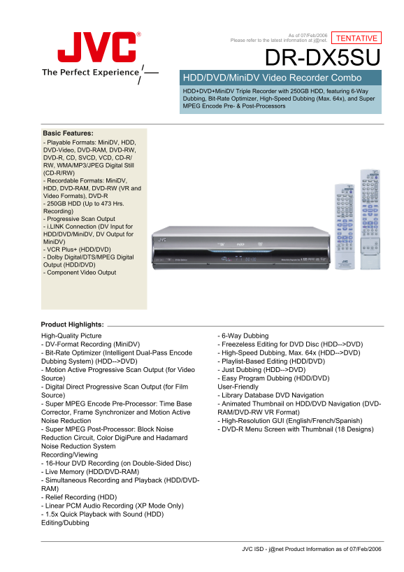 JVC DR-DX5SU HDD DVD MiniDV Video Recorder Combo User's Guide and Manual - Page 1