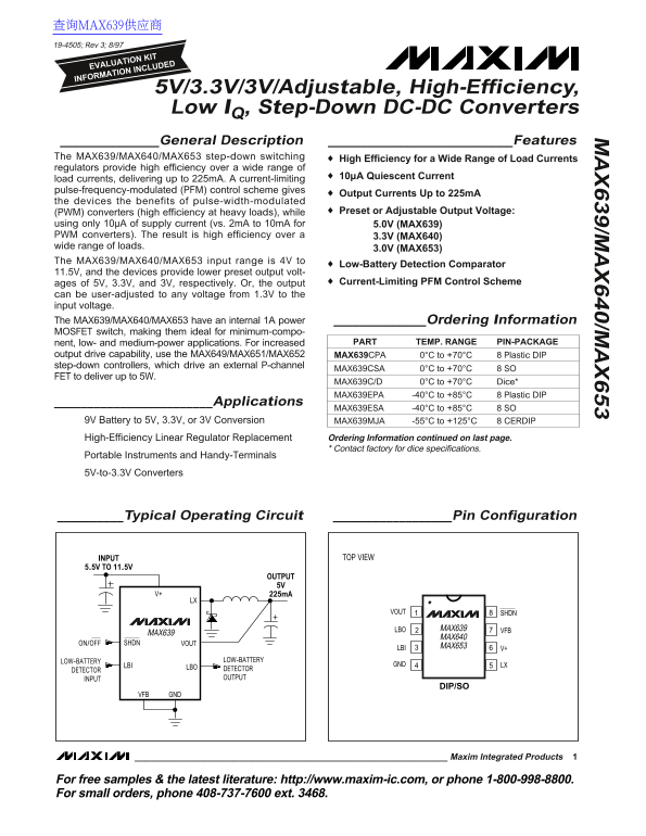 MAXIM MAX639 MAX640 MAX653 5V 3.3V 3V Adjustable, High-Efficiency, Low IQ, Step-Down DC-DC Converters Data Manual User Guide - Page 1