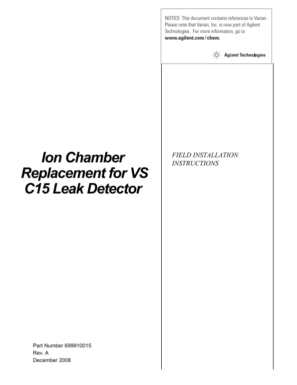 Agilent Ion Chamber Replacement for VS C15 Leak Detector Owner's Manual - Page 1