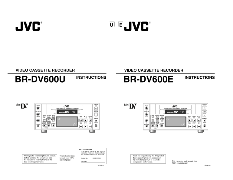 JVC BR-DV600U Video Cassette Recorder User's Manual and Specifications - Page 1