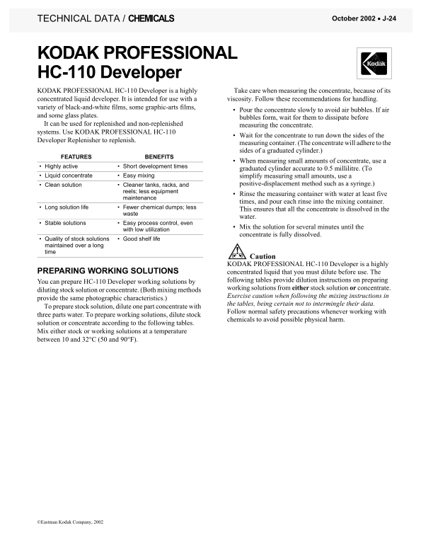 KODAK PROFESSIONAL HC-110 Developer Owner's Manual and User Guide - Page 1