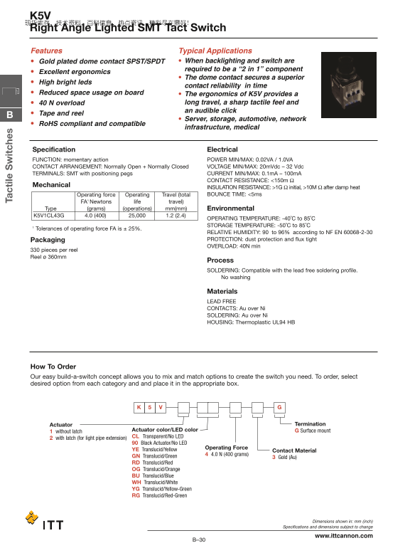 ITT K5V Right Angle Lighted SMT Tact Switch DATA SHEET - Page 1