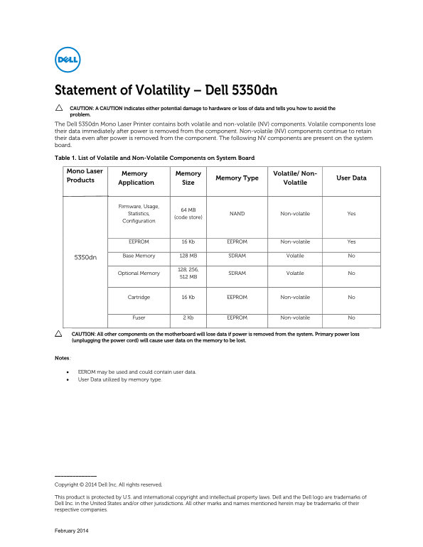 Dell 5350dn Mono Laser Printer Statement of Volatility - Page 1