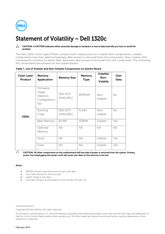Dell 1320C Color Laser Printer Statement of Volatility - Page 1