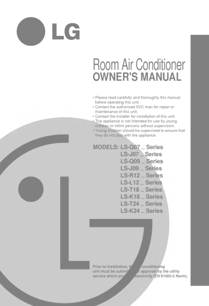LG Split Air Conditioner LS-R1261AG - User's Manual (English) - Page 1