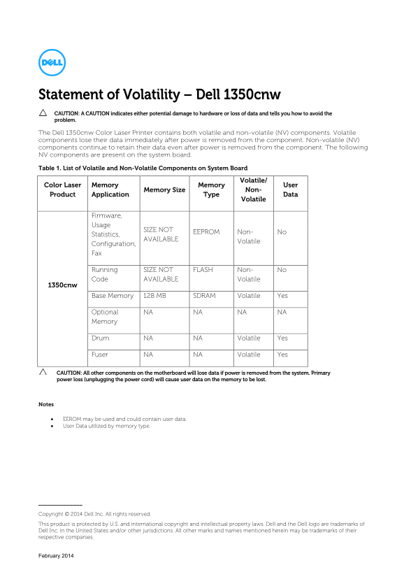 Dell 1350cnw Color Laser Printer Statement of Volatility, Owner's Manual, User Guide. - Page 1