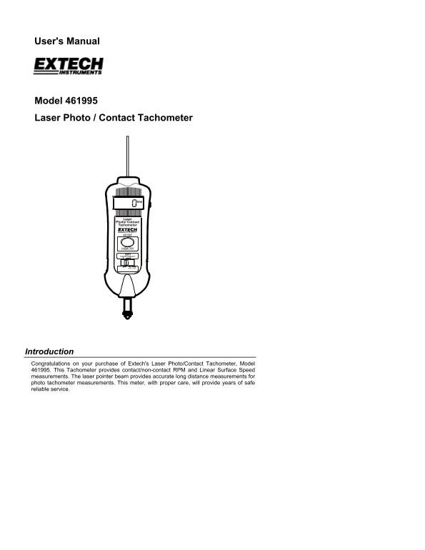 EXTECH Model 461995 Laser Photo Contact Tachometer User's Manual - Page 1