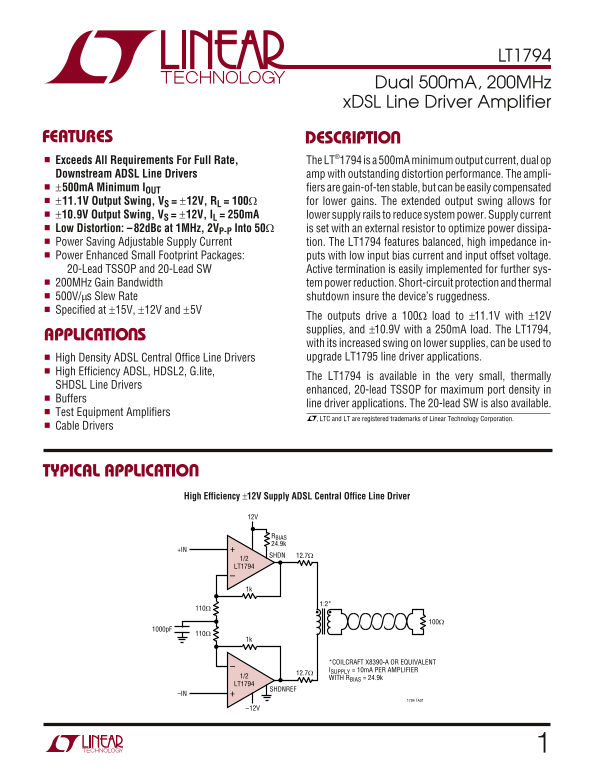 LINEAR TECHNOLOGY LT1794 Data Sheet Manual - Page 1