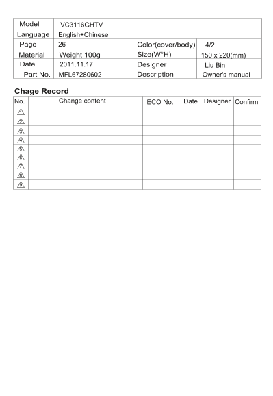 LG Vacuum Cleaner User's Manual Other VC3116GHTV.CBLPLGT Product Specifications English - Page 1
