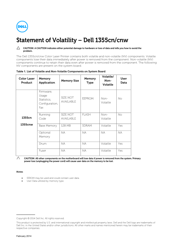 Dell 1355cn cwn Color Laser Printer Statement of Volatility - Page 1