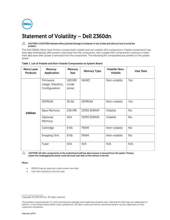 Dell-B2360dn Mono Laser Printer Statement of Volatility, Owners' Manual - Page 1