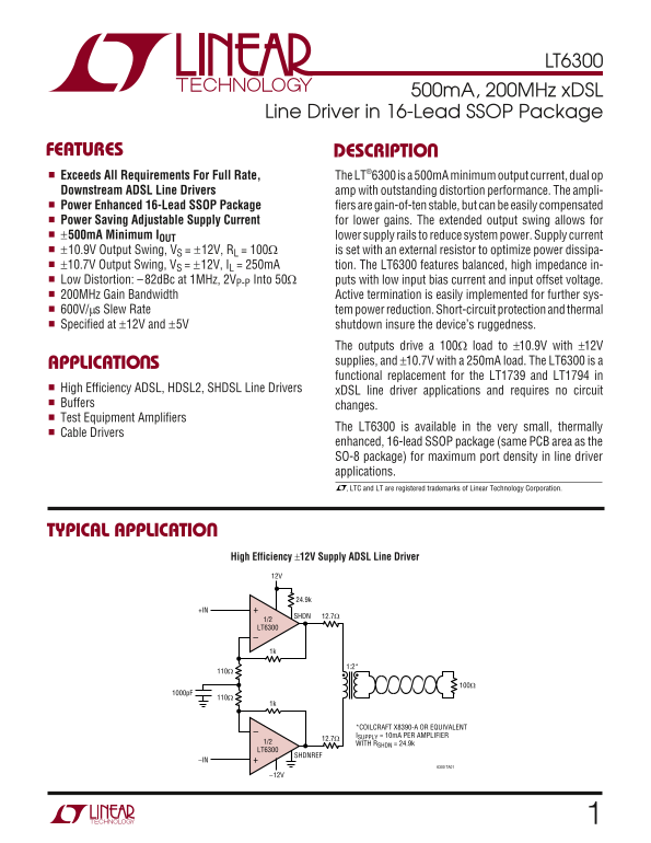 LINEAR TECHNOLOGY LT6300 Data Sheet - Page 1