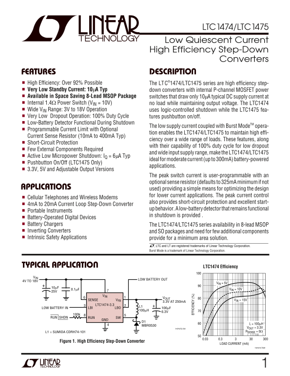 LINEAR TECHNOLOGY LTC1474 LTC1475 Data Sheet Manual - Page 1