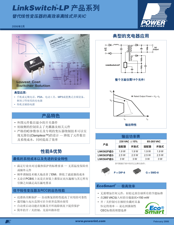 POWER INTEGRATIONS LinkSwitch-LP Product Series High Efficiency Offline Switching IC for Linear Transformer Replacement User Manual - Page 1