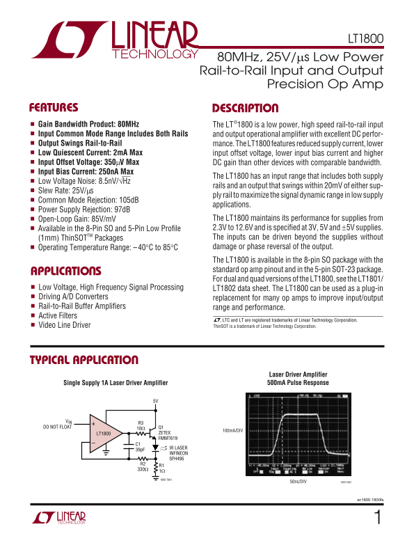 LINEAR TECHNOLOGY LT1800 sn1800 1800fs 80MHz, 25V µs Low Power Rail-to-Rail Input and Output Precision Op Amp User Manual - Page 1