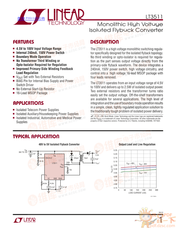 LINEAR LT3511 Monolithic High Voltage Isolated Flyback Converter User's Manual - Page 1