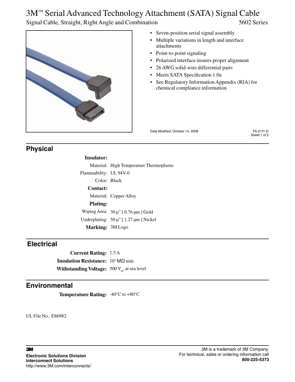 3M Serial Advanced Technology Attachment (SATA) Signal Cable 5602 Series User's Manual - Page 1