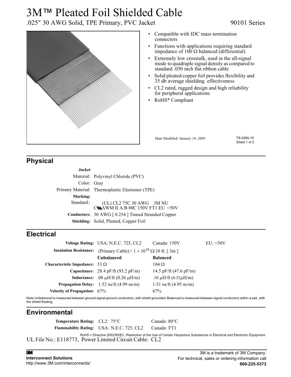 3M Pleated Foil Shielded Cable 90101 Series Owner's Manual and User Guide - Page 1