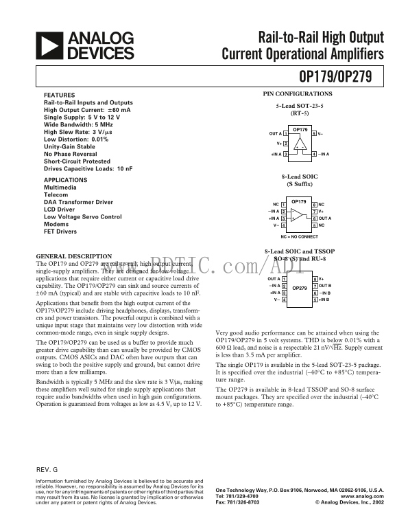 AD Rail-to-Rail High Output Current Operational Amplifiers OP179 OP279 Data Handbook Specifications User Manual - Page 1
