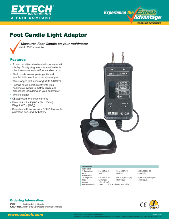 EXTECH 401021 Foot Candle Light Adaptor 401021- NIST Certified Foot Candle Light Adaptor - Page 1