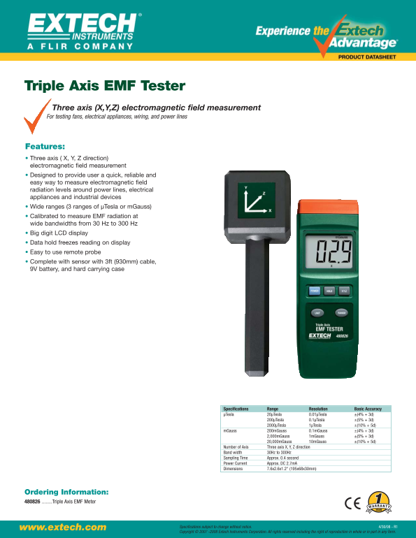 EXTECH 480826 Triple Axis EMF Tester User's Manual - Page 1