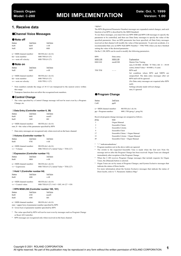 Roland C-280 Classic OrganMIDI Implementation User's Manual - Page 1