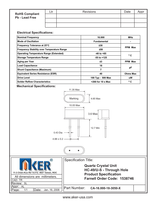AKER - aker-usa.com 11-3 Chien-Kuo Road T.E.P.Z. 4027 Taiwan ROC CA-16.000-18-3050-X Quartz Crystal Manual - Page 1