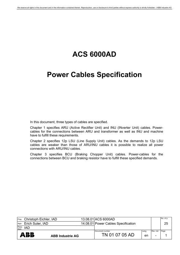 ABB ACS 6000AD Power Cables Specifications - Page 1