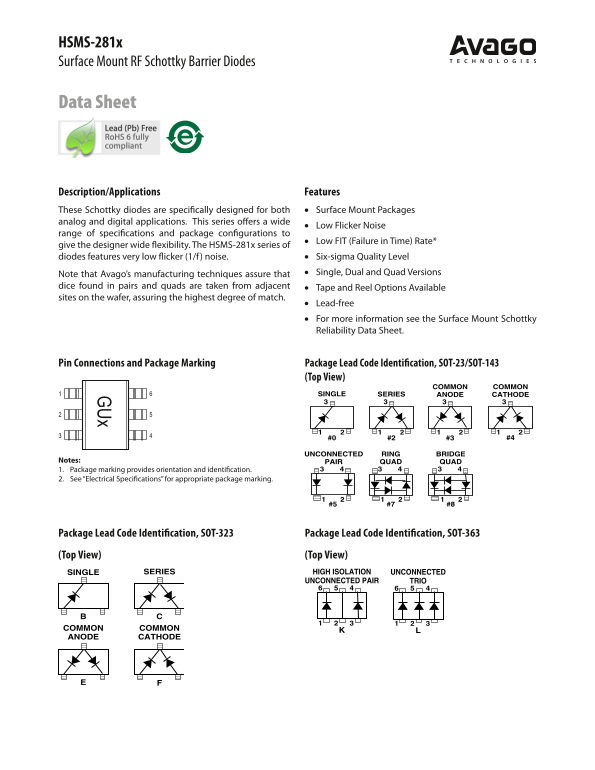 AVAGO TECHNOLOGIES HSMS-281x Surface Mount RF Schottky Barrier Diodes Manual - Page 1