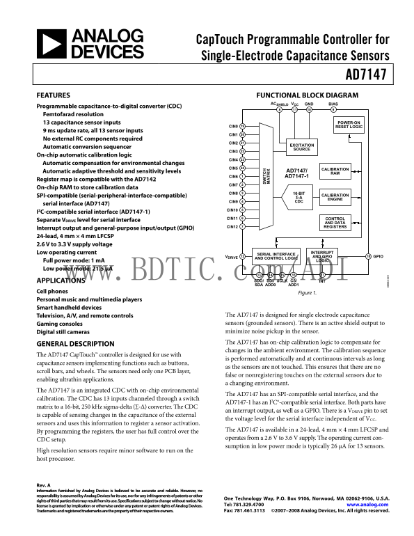 AD7147 Analog Devices User's Manual and Specifications - Page 1
