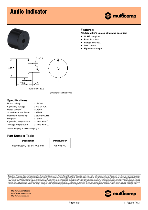 Multicomp Audio Indicator Technology Data - Specifications and User Guide - Page 1