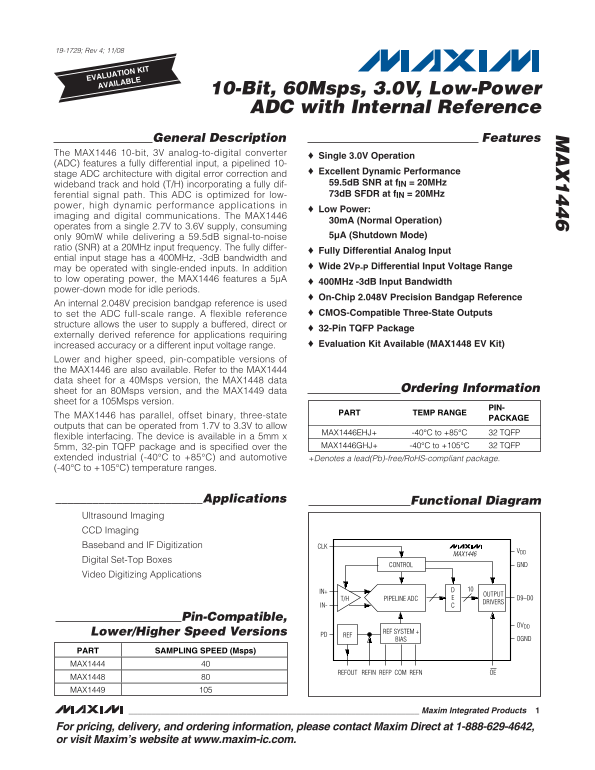 MAXIM MAX1446 10-Bit, 60Msps, 3.0V, Low-Power ADC with Internal Reference User's Manual and Specifications - Page 1