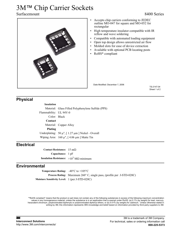 3M Chip Carrier Sockets - Surface Mount 8400 Series User's Manual and Specifications - Page 1