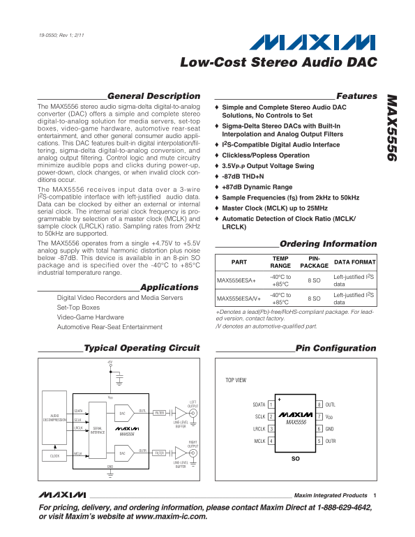 MAXIM MAX5556 Low-Cost Stereo Audio DAC Data Sheet - Page 1