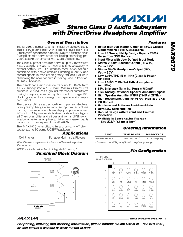 MAXIM MAX9879 Stereo Class D Audio Subsystem with DirectDrive Headphone Amplifier Data Sheet User Manual - Page 1