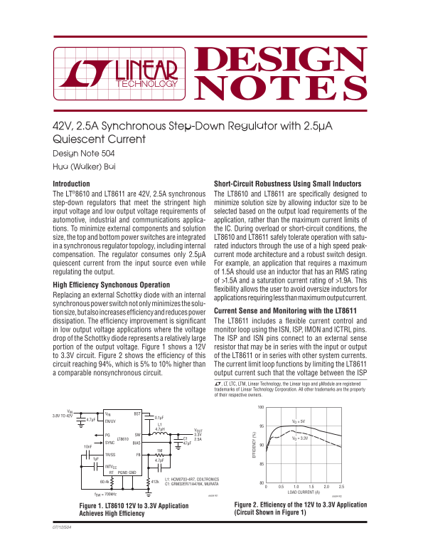 LINEAR 42V, 2.5A Synchronous Step-Down Regulator with 2.5μA Quiescent Current Design Note 504 - Page 1