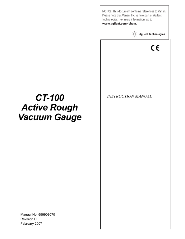 Agilent Technologies CT-100 Active Rough Pumping Gauge Installation Manual - Page 1