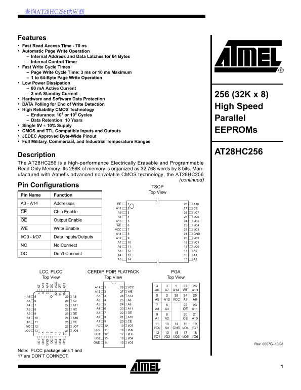 ATMEL AT28HC256 Data Handbook - Page 1