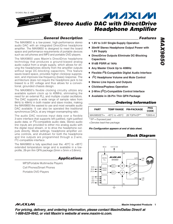 MAXIM MAX9850 Stereo Audio DAC with DirectDrive Headphone Amplifier Data Sheet User Manual - Page 1