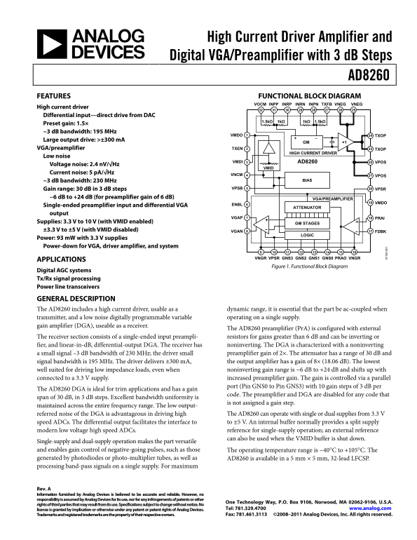 AD8260 Analog Devices Technical Specifications and User Guide - Page 1