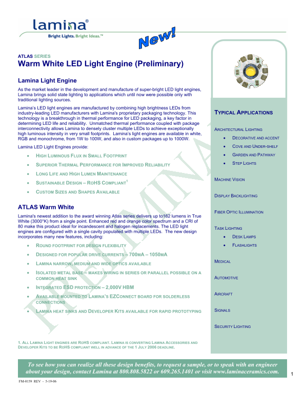 LAMINA ATLAS SERIES Warm White LED Light Engine (Preliminary) Owner's Manual - Page 1