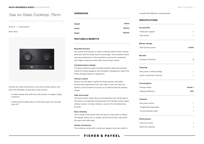 Fisher&Paykel Crystal Glass Gas Cooktop, 75cm (Model CG752DNGGB1) Quick Reference Guide - Page 1