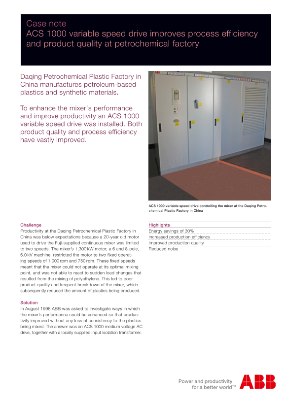 ABB ACS 1000 Variable Speed Drive - Process Efficiency & Product Quality Enhancement at Petrochemical Plant - Page 1