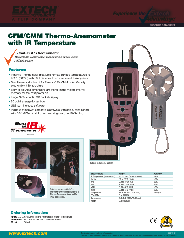 EXTECH CFM CMM Thermo-Anemometer with IR Temperature HD300 User Guide and Data Manual - Page 1