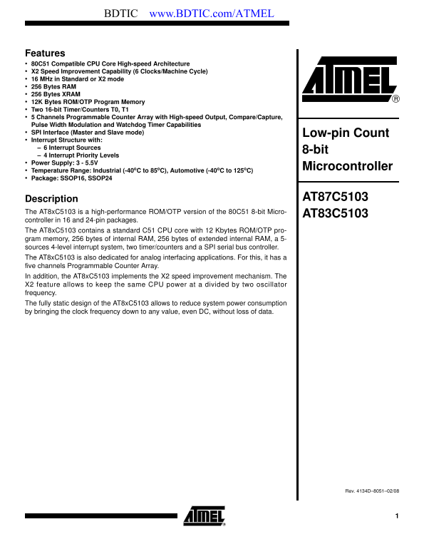 ATMEL AT87C5103 Data Handbook - Page 1